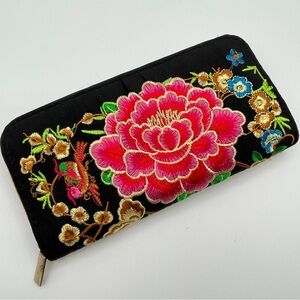 Floral Embroidered Zip Around Wallet Clutch Black Multicolor Design